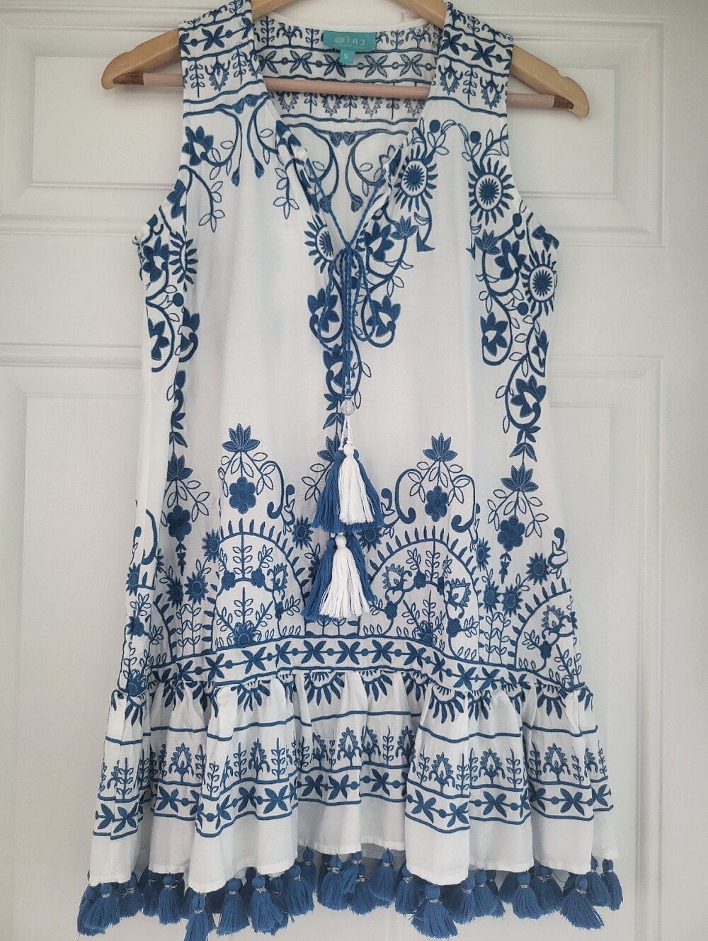 TAJ by Sabrina Crippa Blue Embroidered White Dress